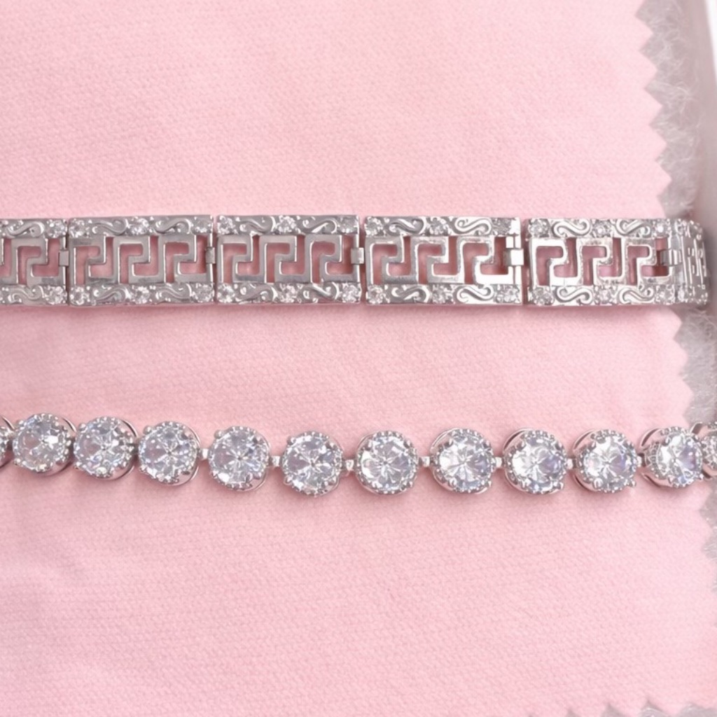 White Gold Bracelet Set Of 2, Greek Key Watchband Design And Round Cut Tennis